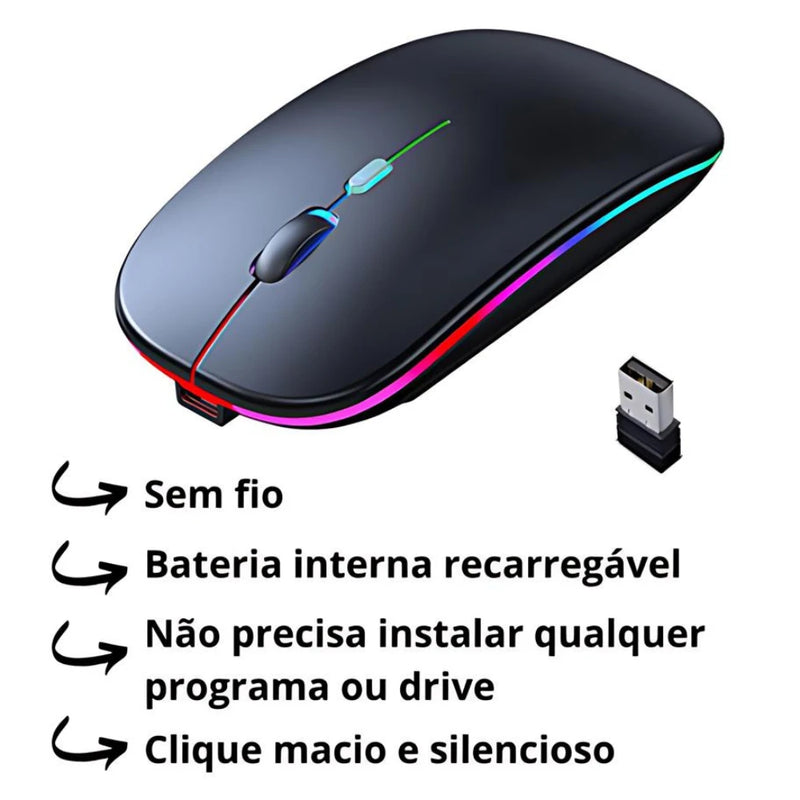 Mouse Sem Fio Recarregável – LED RGB e Conexão 2.4 GHz