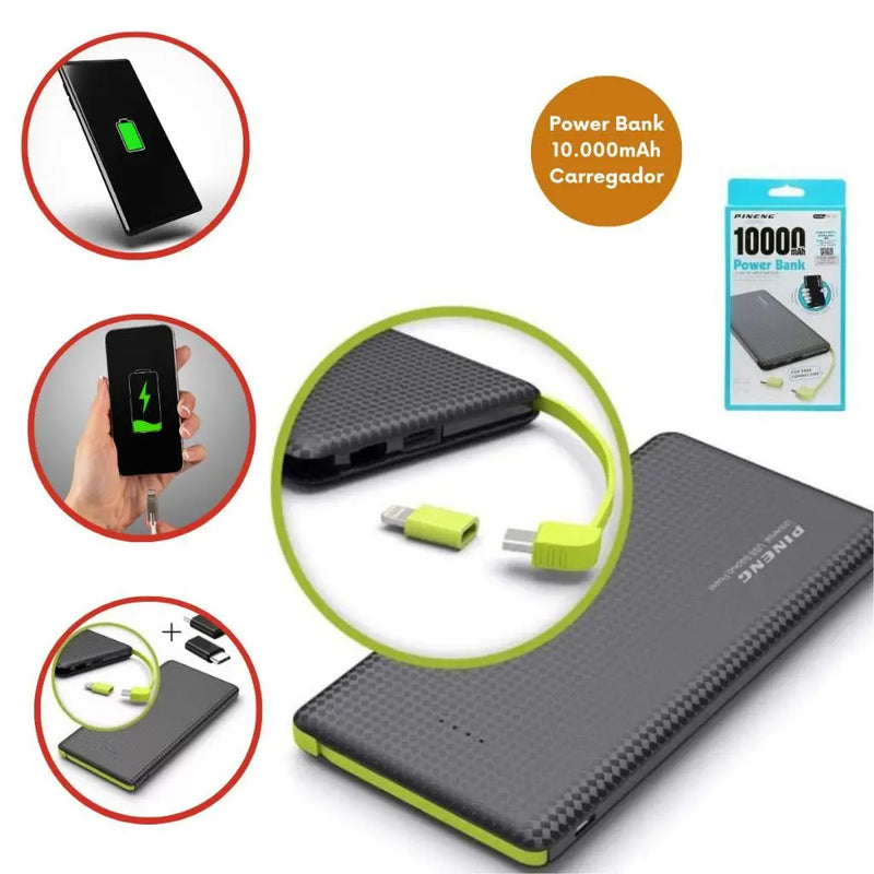 Power Bank Portátil Pineng 10.000mAh – Carregador para iPhone e V8