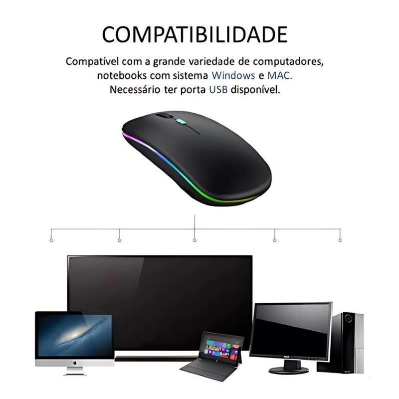 Mouse Sem Fio Recarregável – LED RGB e Conexão 2.4 GHz