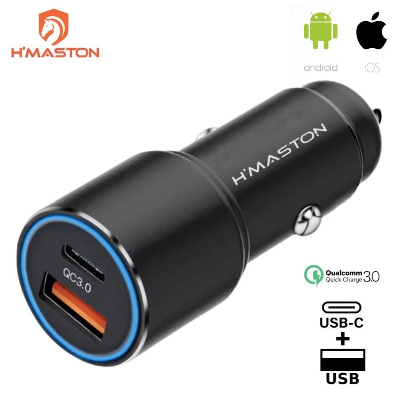 Carregador Veicular Turbo H’MASTON – Tipo C + USB, 45W, Carregamento Rápido Universal