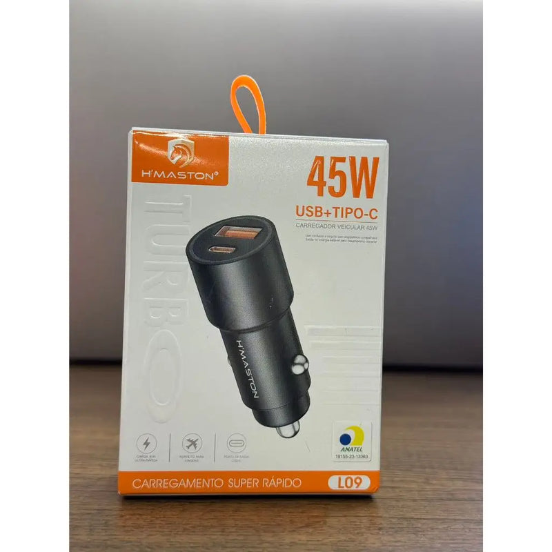 Carregador Veicular Turbo H’MASTON – Tipo C + USB, 45W, Carregamento Rápido Universal