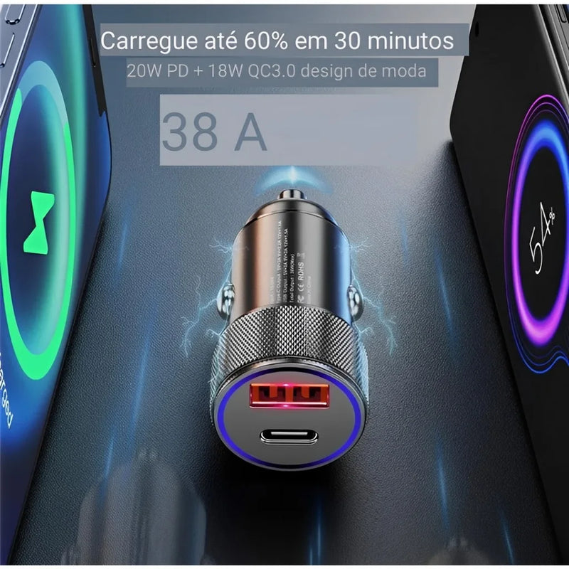 Carregador Veicular Turbo H’MASTON – Tipo C + USB, 45W, Carregamento Rápido Universal