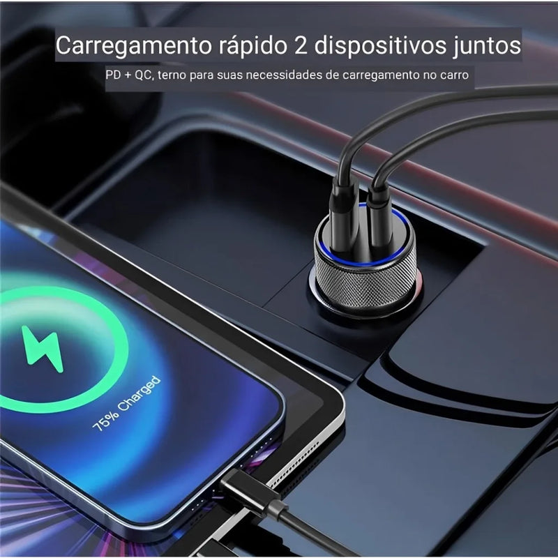 Carregador Veicular Turbo H’MASTON – Tipo C + USB, 45W, Carregamento Rápido Universal