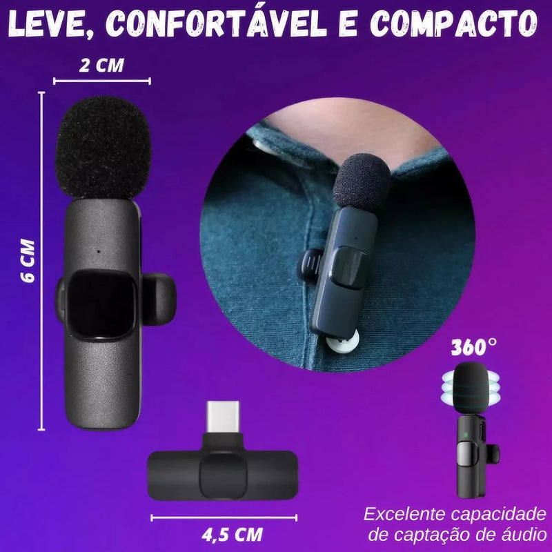 Kit 2 Microfones de Lapela Sem Fio – Receptor Profissional, Alcance 20 Metros, Tipo C, para iPhone, iPad e Android