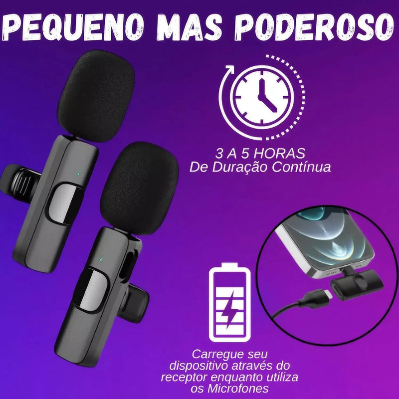 Kit 2 Microfones de Lapela Sem Fio – Receptor Profissional, Alcance 20 Metros, Tipo C, para iPhone, iPad e Android