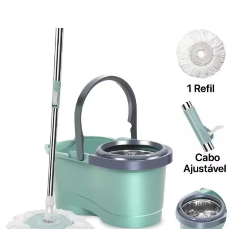 Mop com Balde 12L – Cesto Inox, Cabo 1,10m, Giratório 360° e Multifuncional