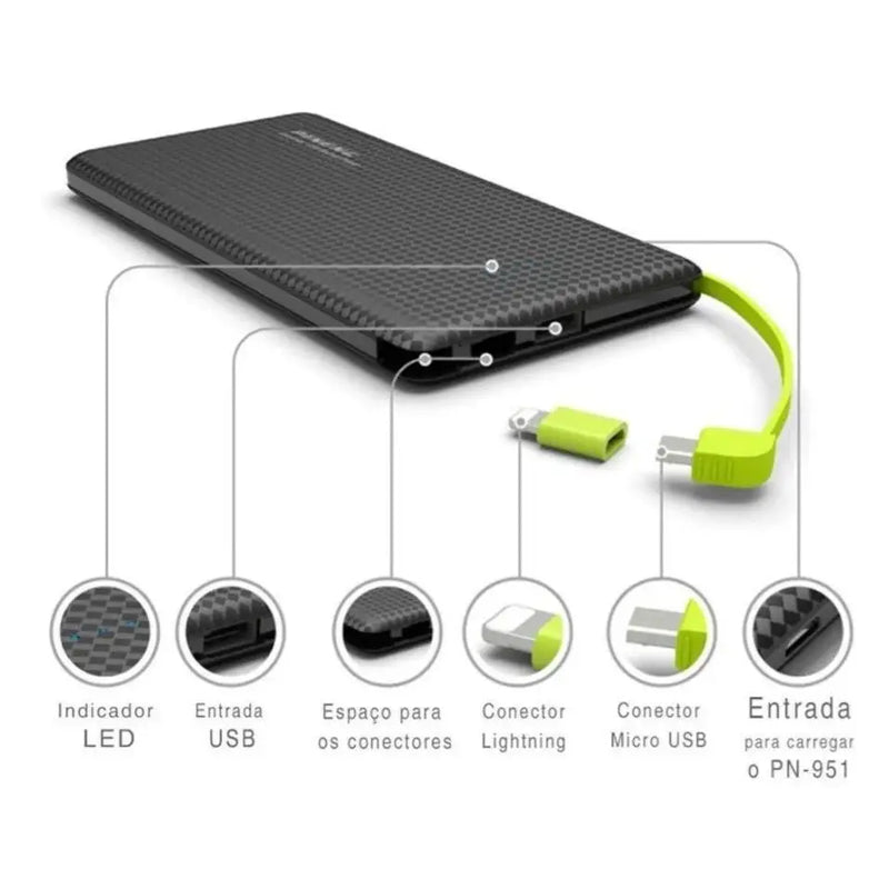 Power Bank Portátil Pineng 10.000mAh – Carregador para iPhone e V8