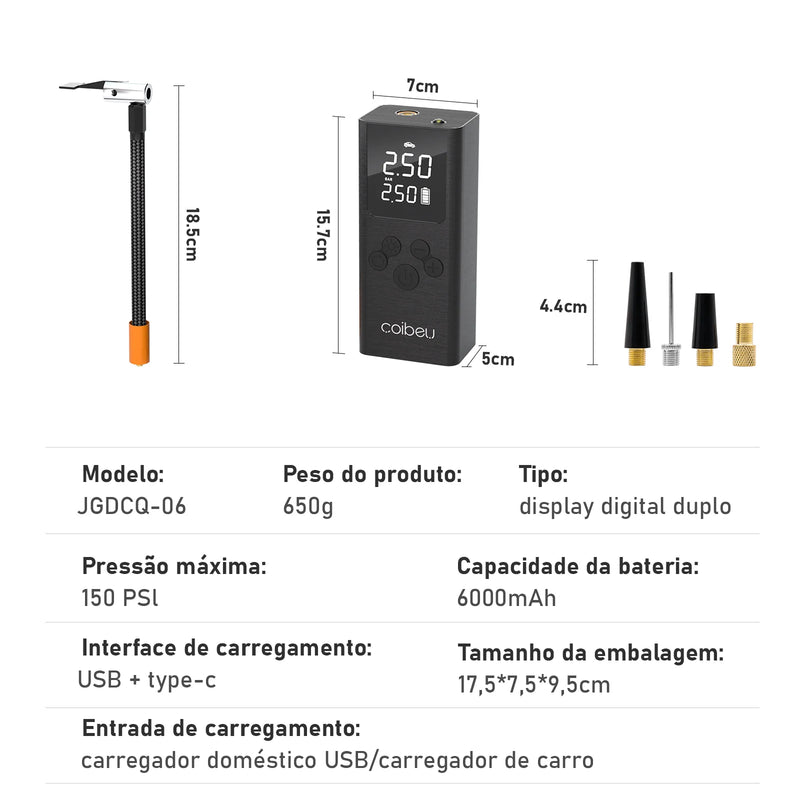 Compressor de Ar Portátil – Ideal para Encher Pneus de Carro e Bomba de Ar